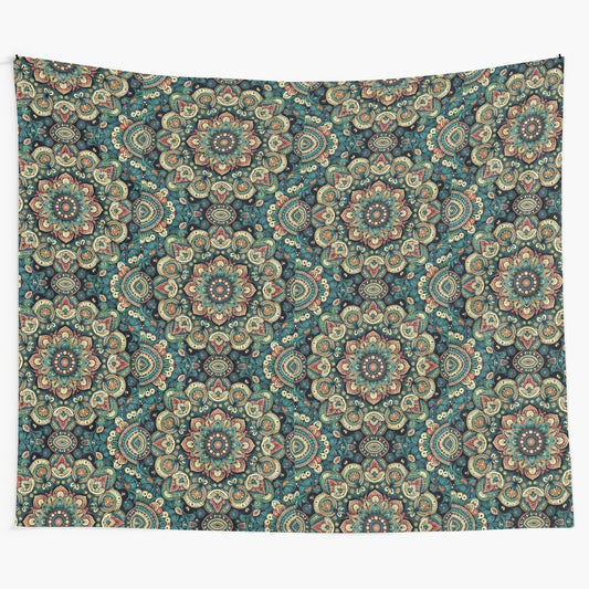 Colorful trippy mandala pattern tapestry with intricate, vibrant design