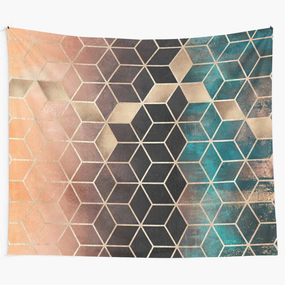 Ombre geometric cube pattern tapestry wall hanging