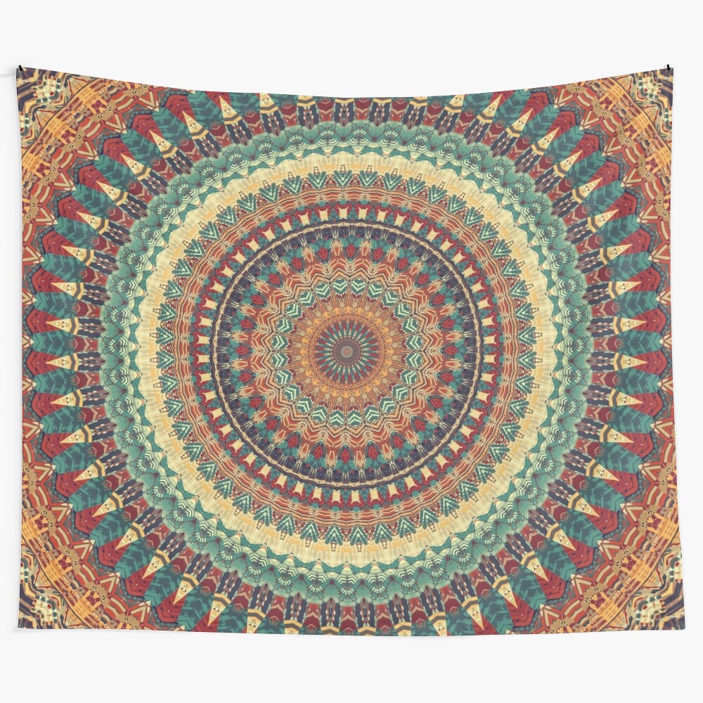 Colorful mandala tapestry featuring sacred geometry patterns and nature-inspired elements