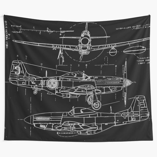 P-51 Mustang fighter plane blueprint design tapestry