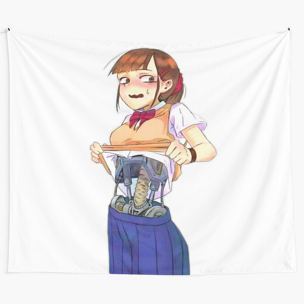 Shy robot girl anime-inspired tapestry wall art with vintage sci-fi theme