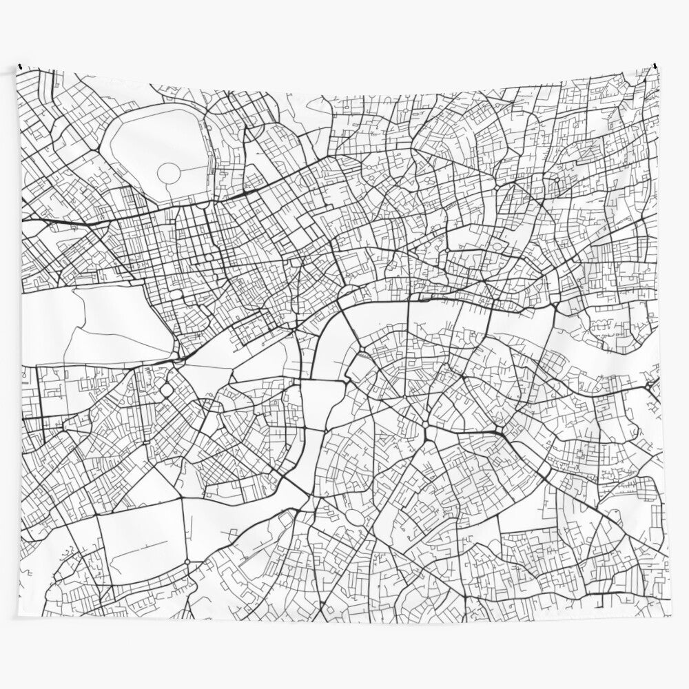 Black and white tapestry featuring a minimalist map of London, England