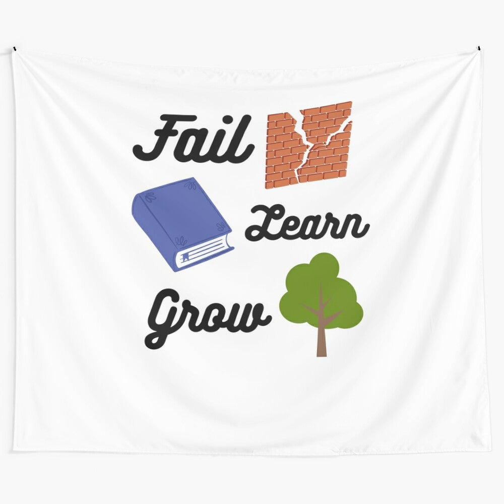 Motivational tapestry featuring the text "Fail, Learn, Grow" with inspirational typography