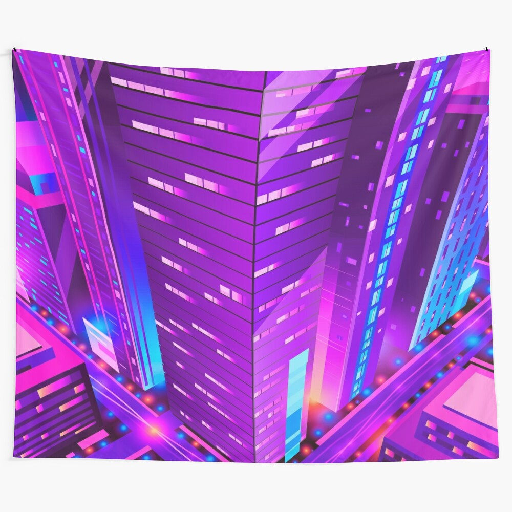 Synthwave neon city tapestry featuring a vibrant, retro-futuristic landscape