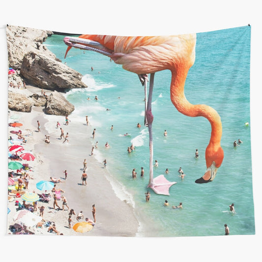 Flamingo standing in the ocean, surreal nature photography tapestry