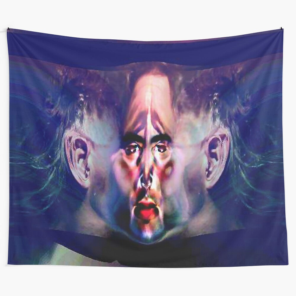 Colorful sad clown tapestry with abstract patterns and a melancholy, whimsical design.