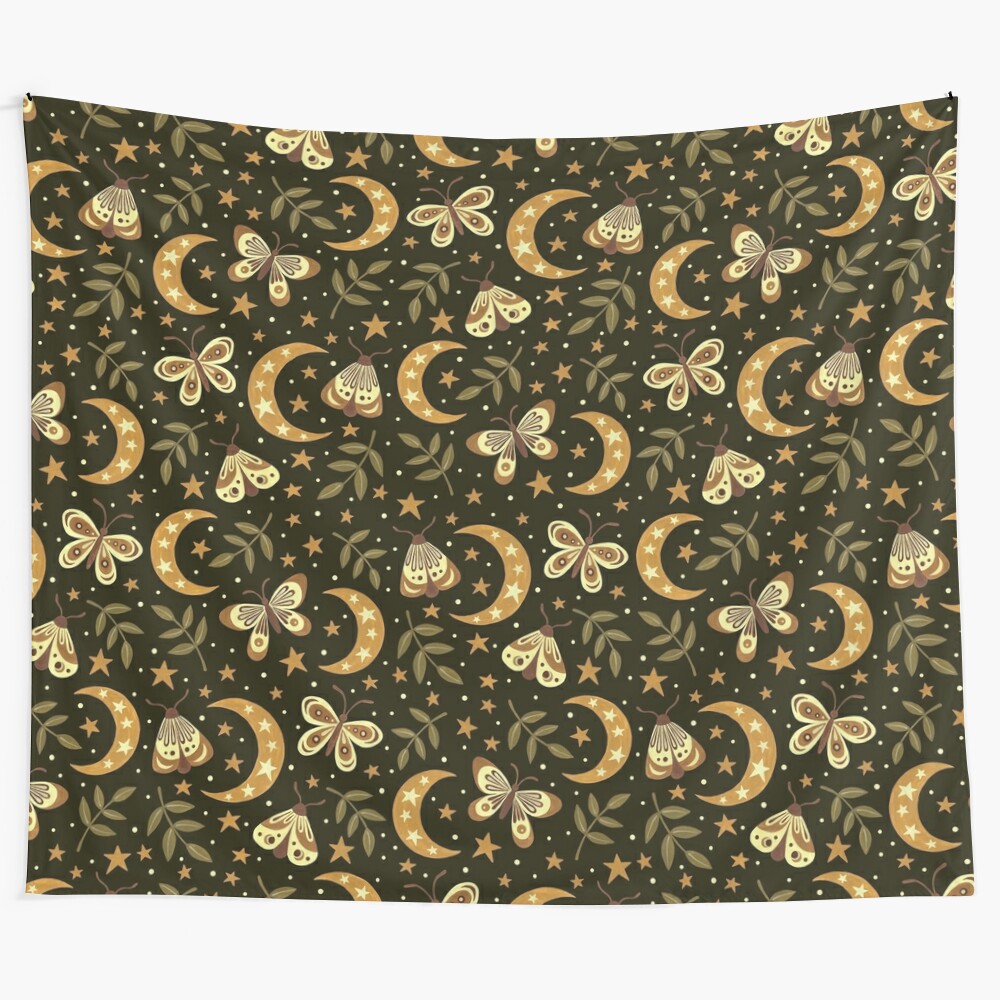 Tapestry featuring a captivating design of moons, moths, and other natural elements