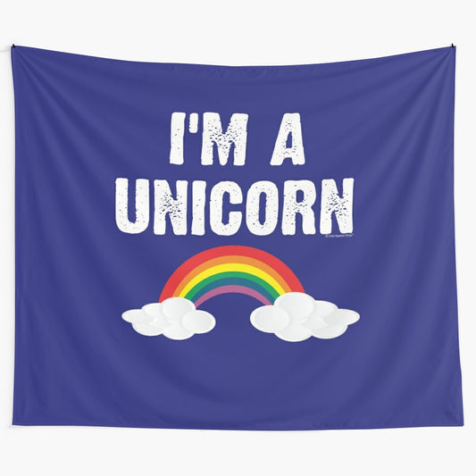 Colorful unicorn tapestry with rainbow design