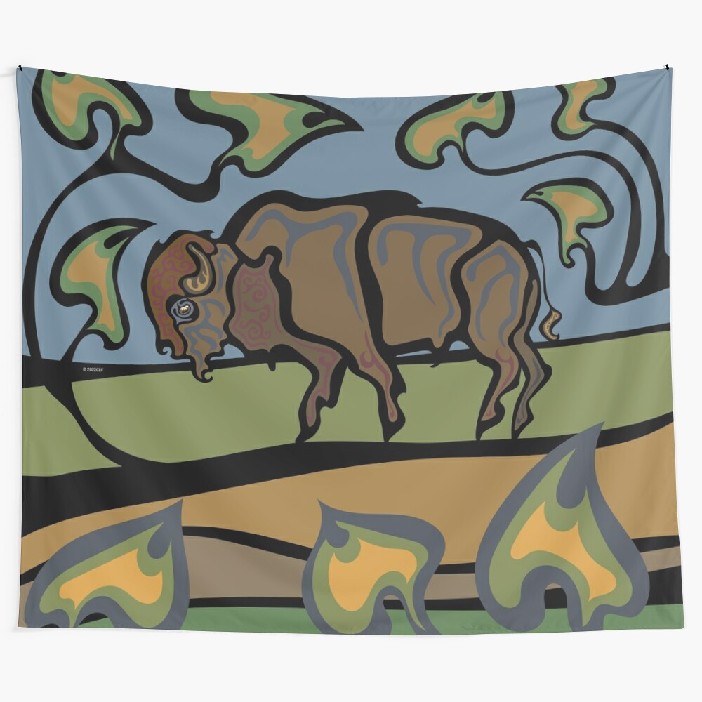 Beautifully woven tapestry featuring a majestic buffalo, inspired by indigenous Canadian art and culture