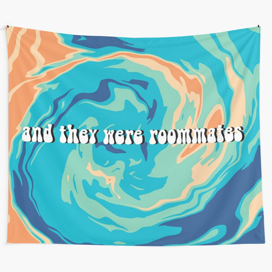 Vibrant and colorful tapestry featuring the iconic "And They Were Roommates" vine quote design