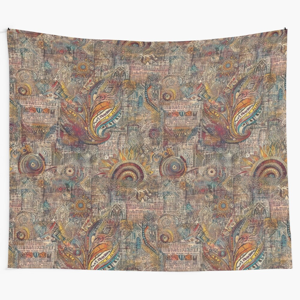 Retro bohemian flower power tapestry with faded boho patterns