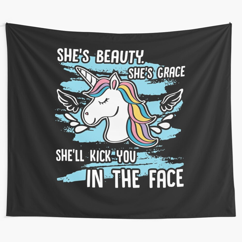 Whimsical unicorn tapestry with "She'll Kick You In The Face" text