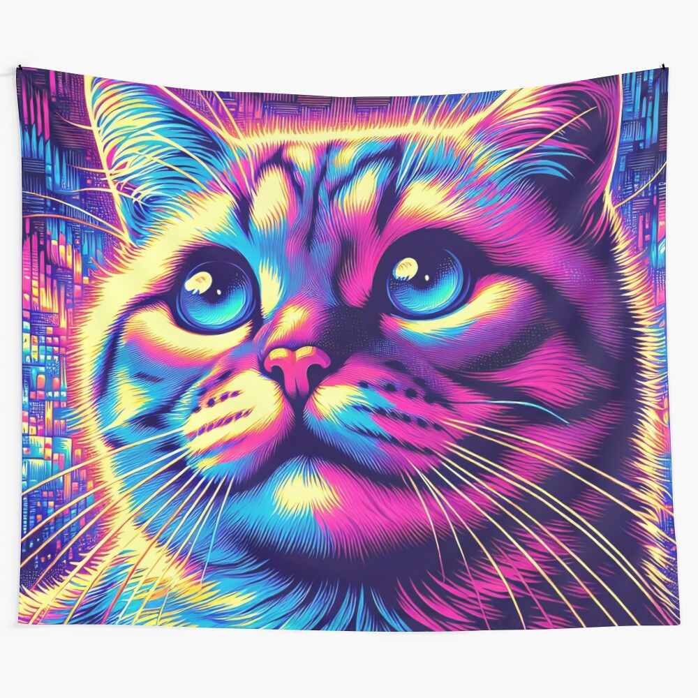 Glowing neon cat illustration in a vibrant synthwave style digital art tapestry