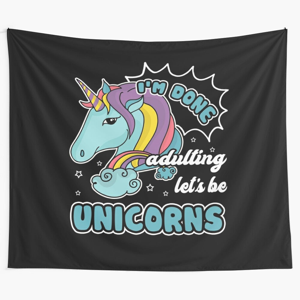 Colorful unicorn tapestry with a whimsical, magical design