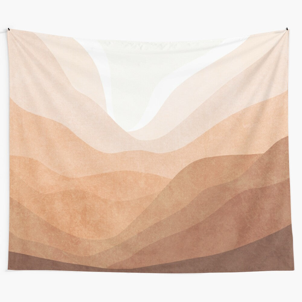 Warm terracotta and pink mountain landscape tapestry with abstract line art and neutral earth tones