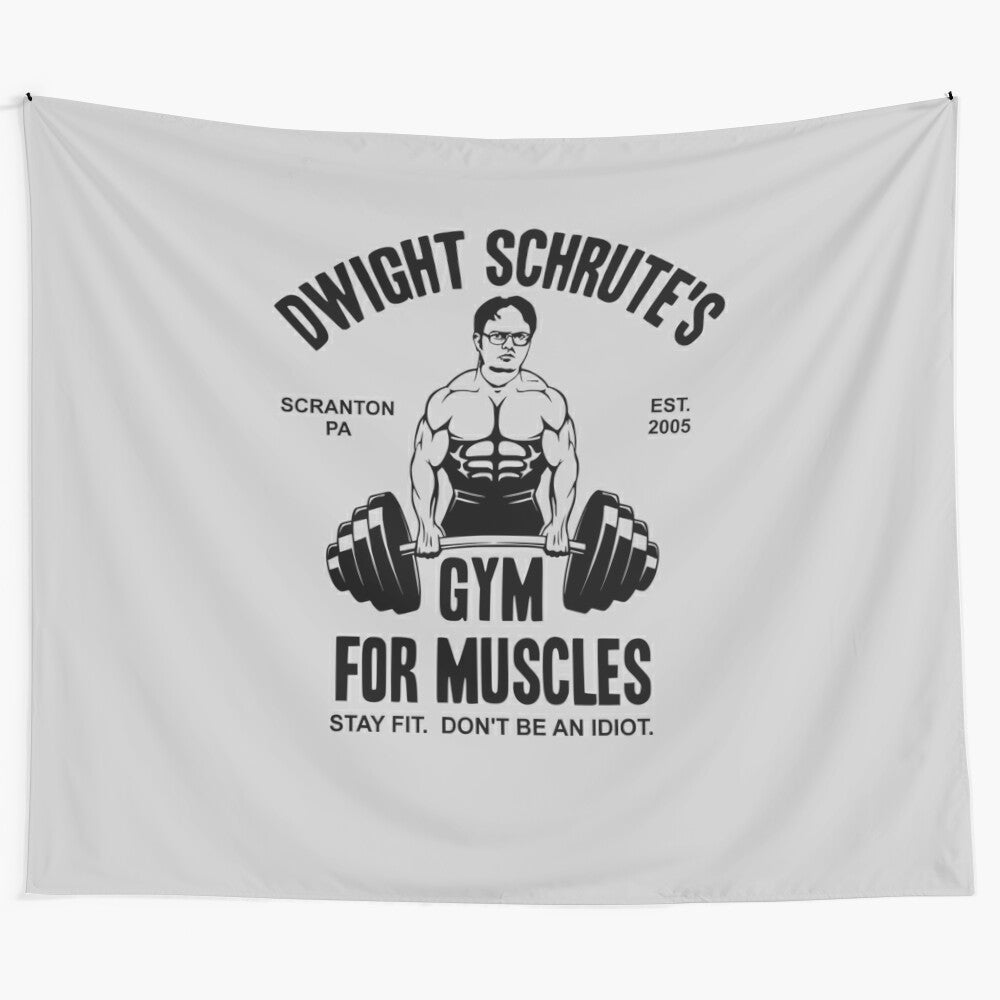 Dwight Schrute inspired gym for muscles themed tapestry wall hanging