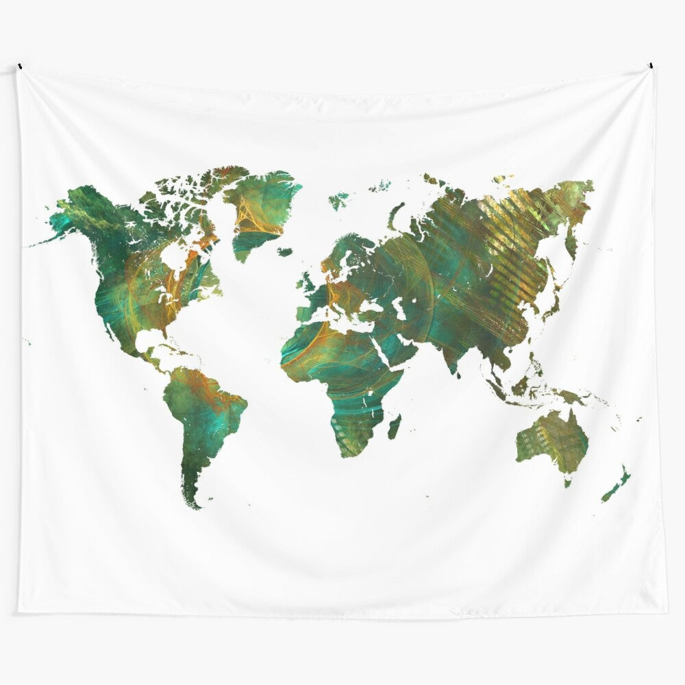 Typographic world map tapestry featuring an artistic watercolor design