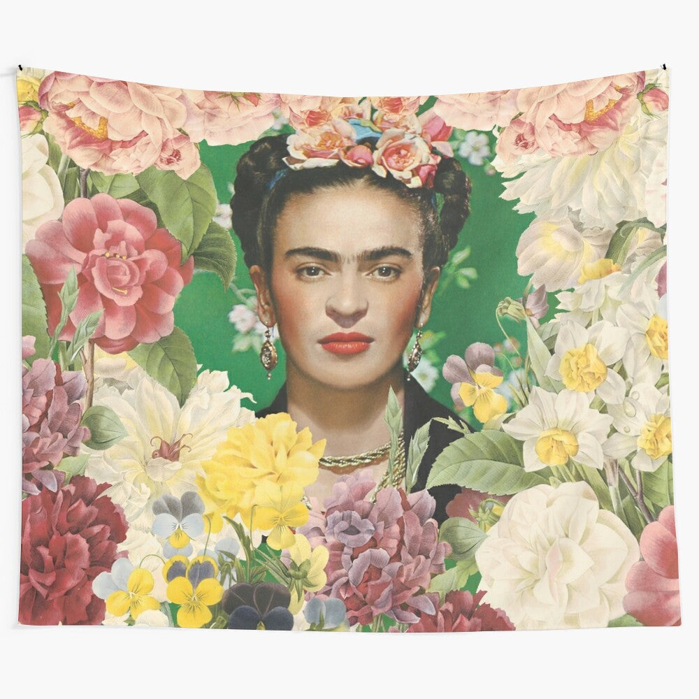 Frida Kahlo inspired floral tapestry featuring the iconic Mexican artist