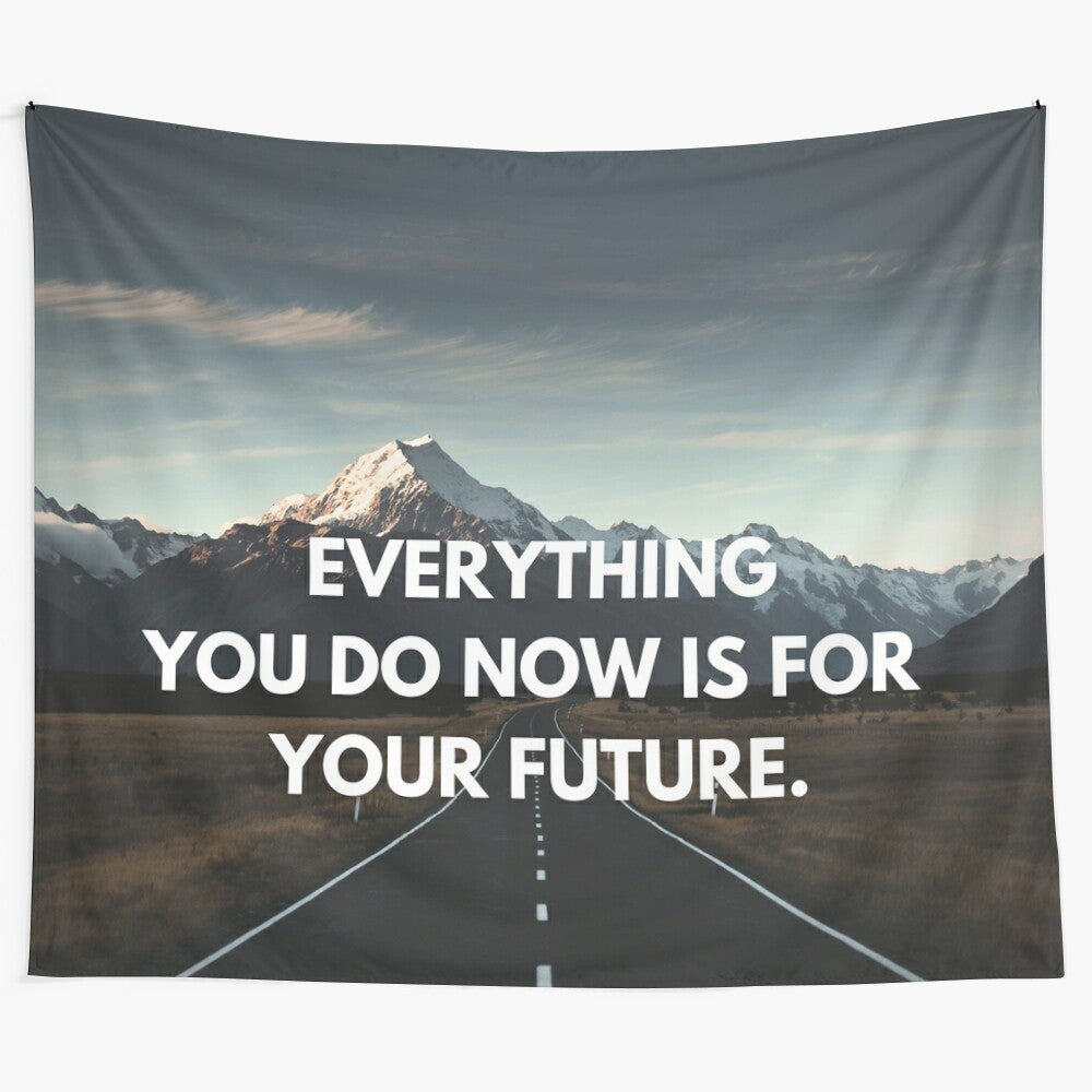 Inspirational tapestry featuring motivational quotes about personal growth and future success