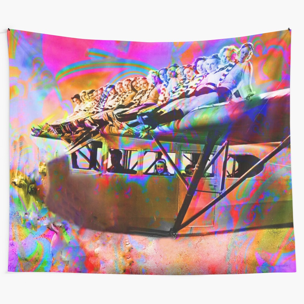 Vibrant travel-themed tapestry with abstract, retro, and fantasy elements