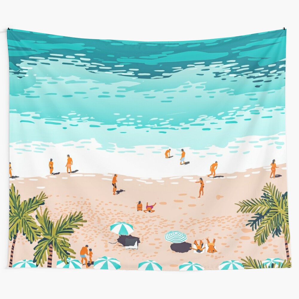 Vibrant tropical tapestry featuring ocean waves, palm trees, and a boho-inspired design