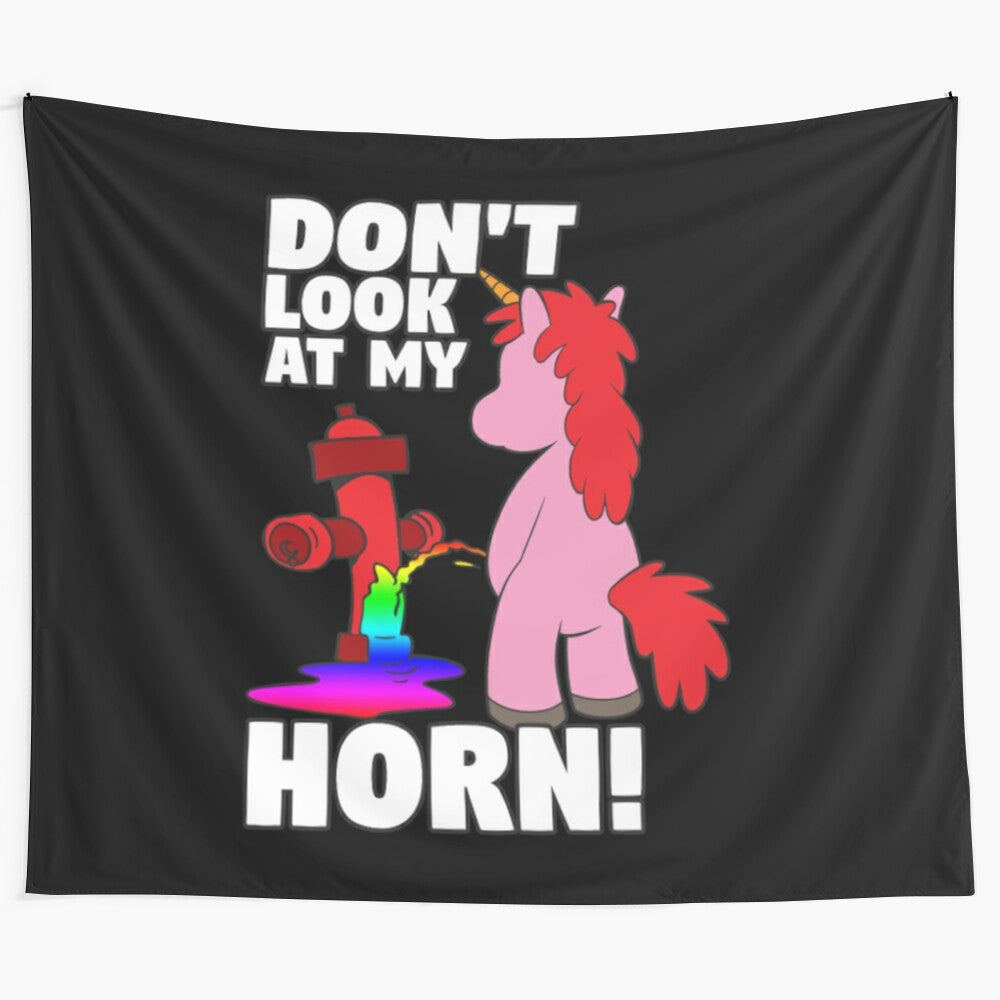 Colorful tapestry featuring a unicorn with funny quotes about its horn