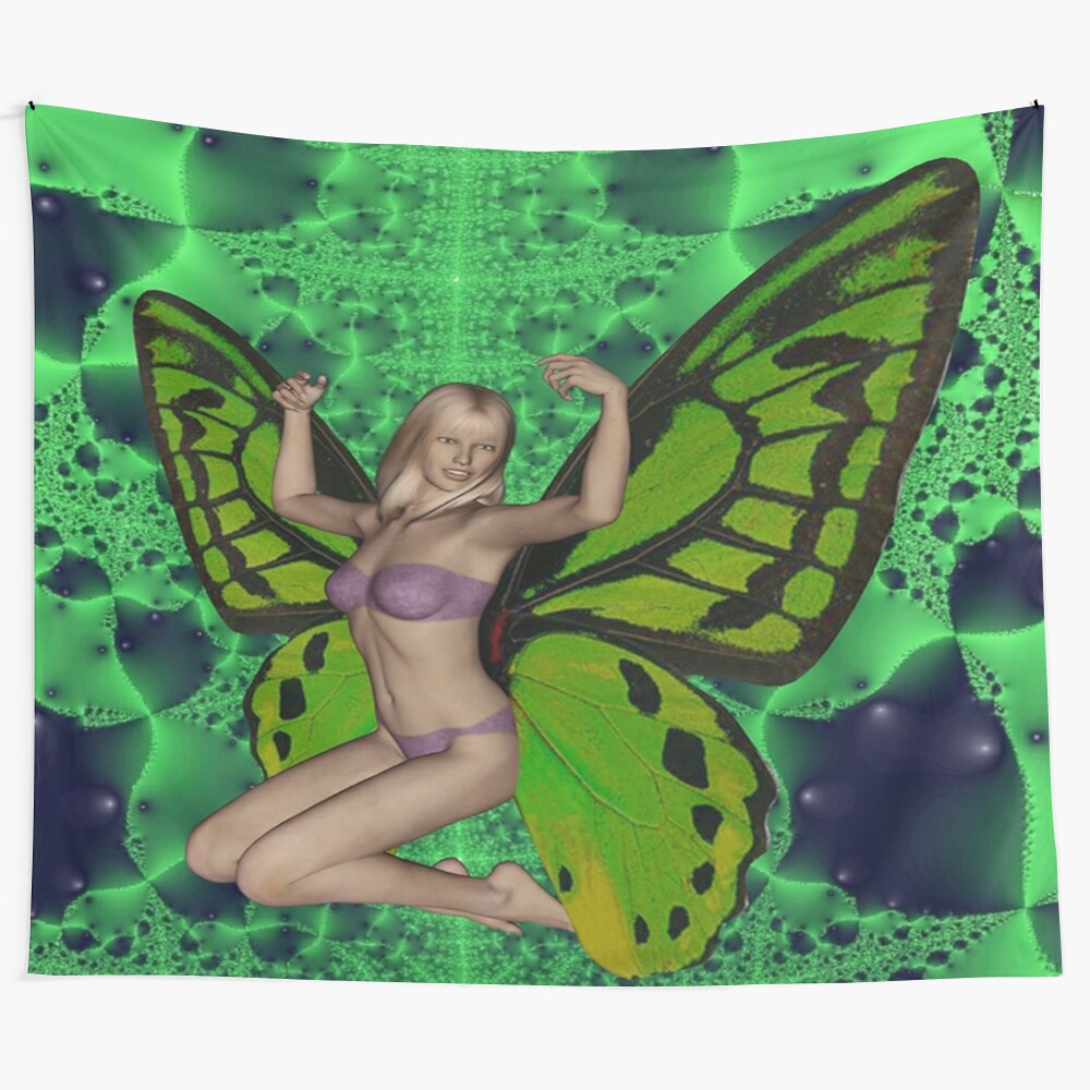 Green butterfly woman tapestry featuring a mystical, colorful design