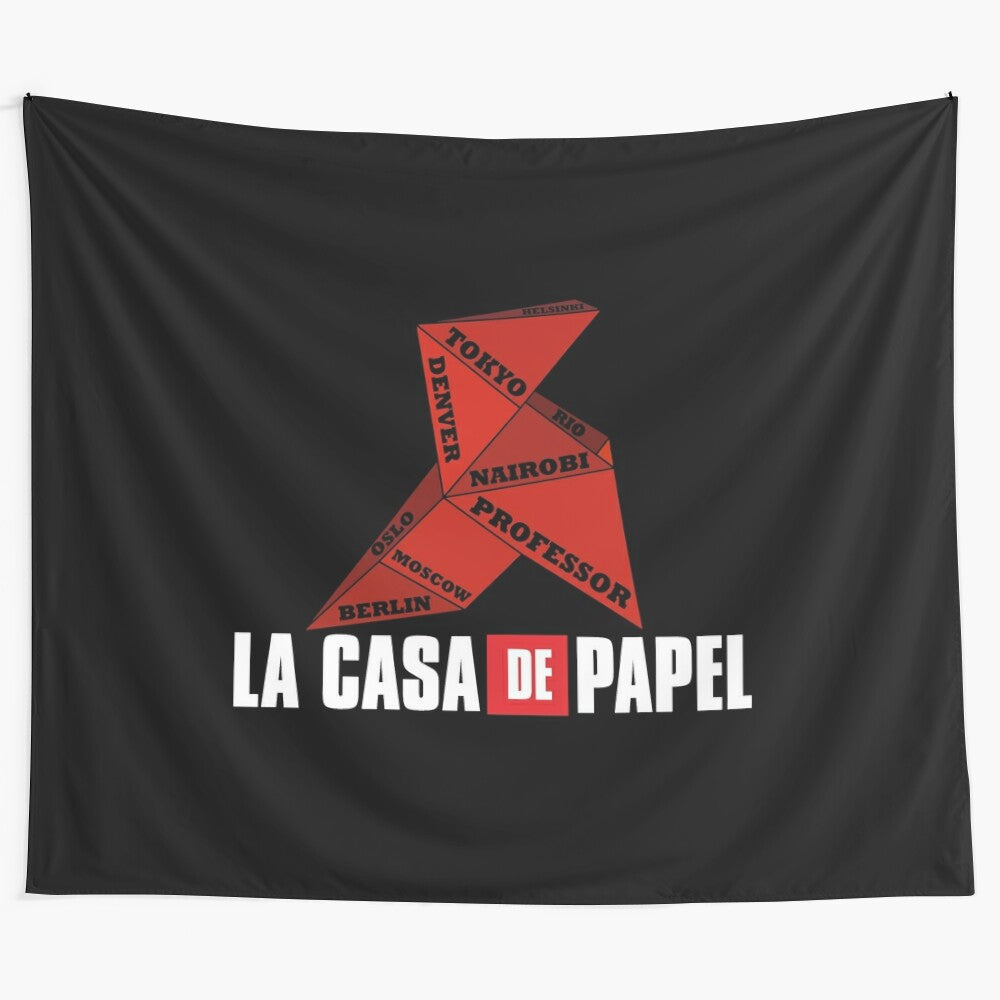 Origami-style Money Heist (La Casa de Papel) tapestry featuring the show's iconic characters