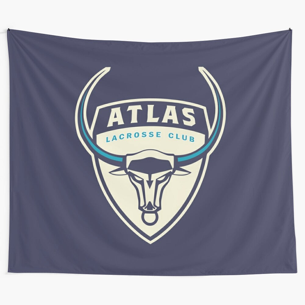 Vintage-style lacrosse tapestry with team emblem and sports cartoon imagery