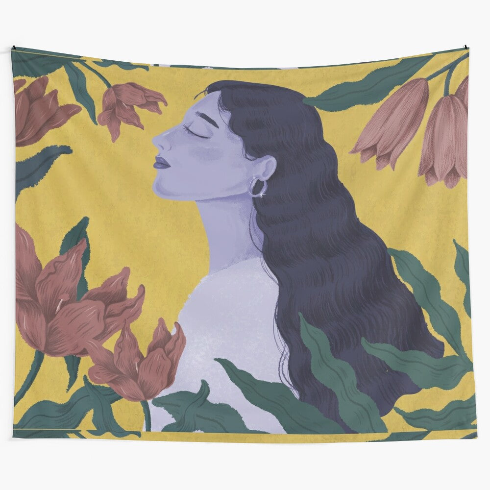 Retro vintage girl with sunflower and abstract floral tapestry