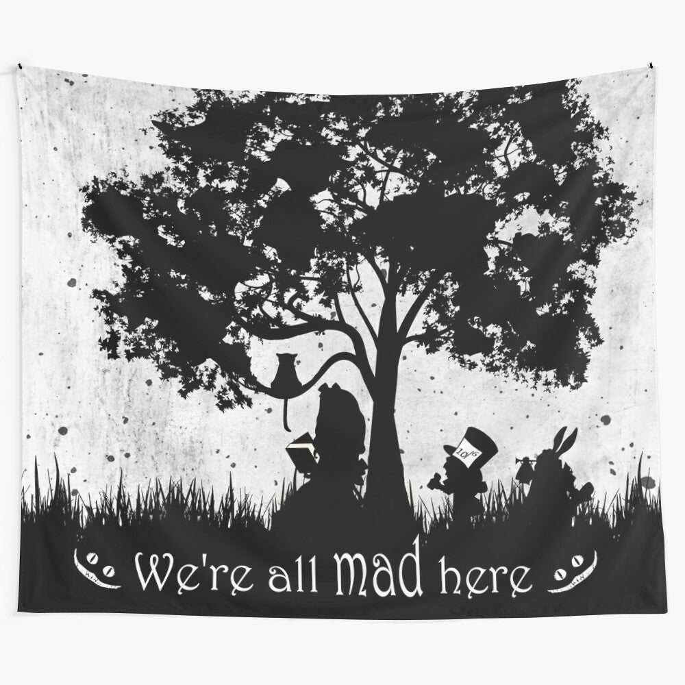 Colorful tapestry featuring a whimsical literary quote from Alice in Wonderland