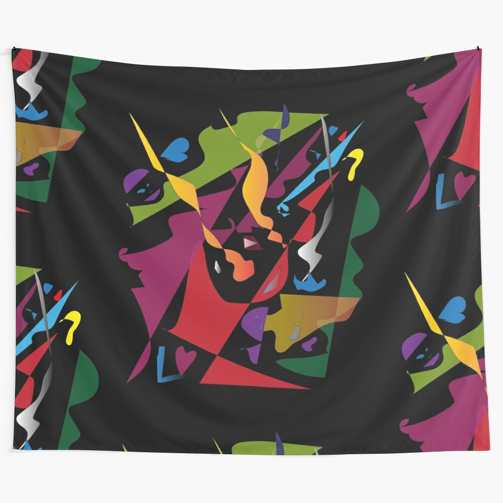 Cubist clown tapestry artwork featuring vibrant colors and a dynamic composition