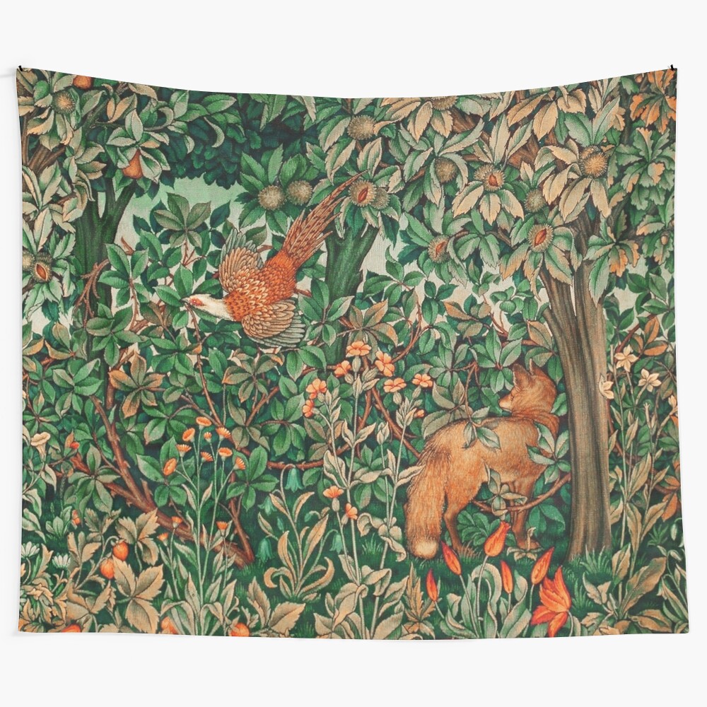 Vibrant greenery, forest animals like pheasant and fox, and floral tapestry wall art