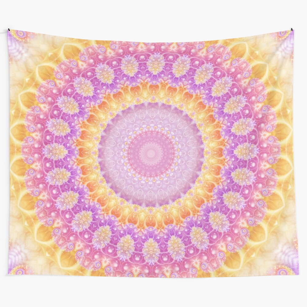 Colorful mandala tapestry featuring intricate fractal patterns in shades of orange, pink, and purple