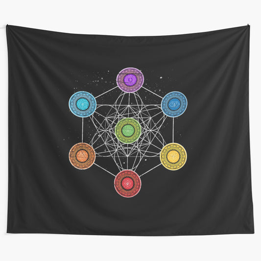 Sacred Geometry Psychedelic Tapestry with Metatrons Cube and Chakra Symbols