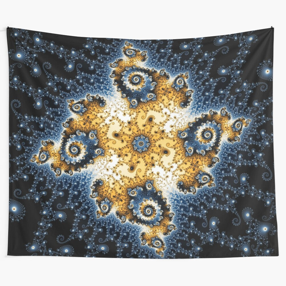 Mesmerizing fractal tapestry with swirling blue, gold, and orange patterns