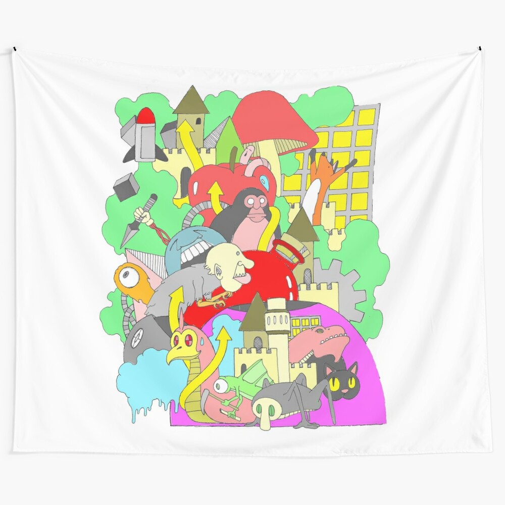 Whimsical places everyone tapestry featuring doodle art of a castle, cat, gorilla, and eyeball