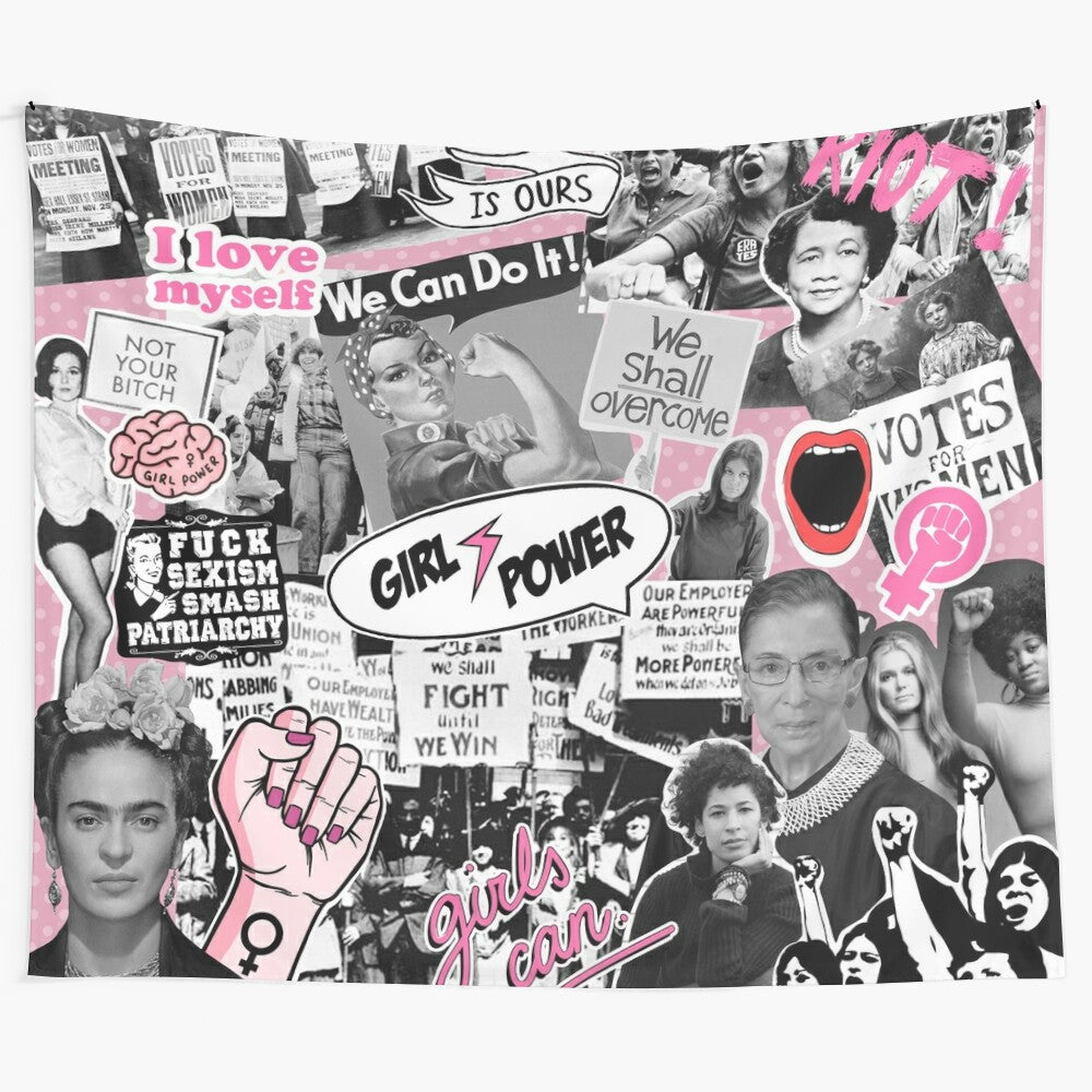 Colorful collage tapestry featuring feminist icons and symbols of women's empowerment