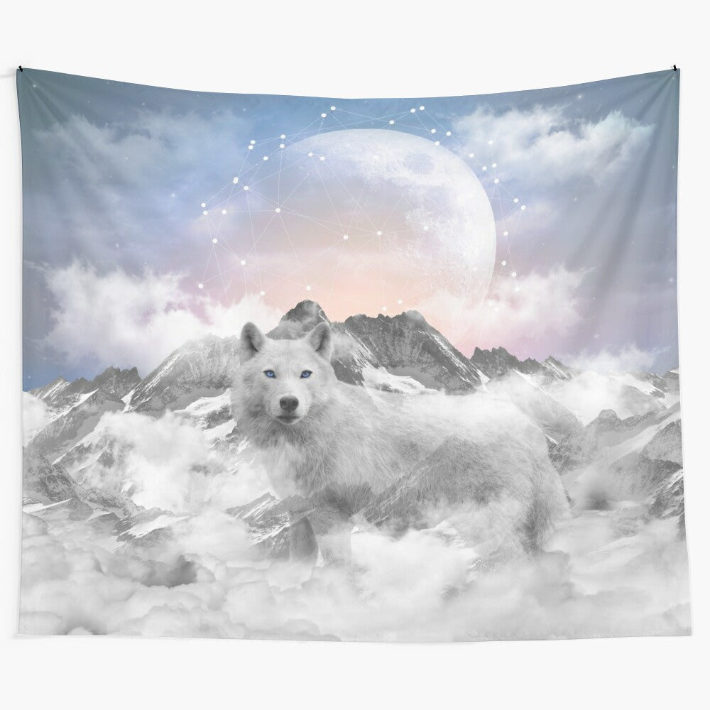 Tapestry depicting a winter wolf and teal galaxy night sky