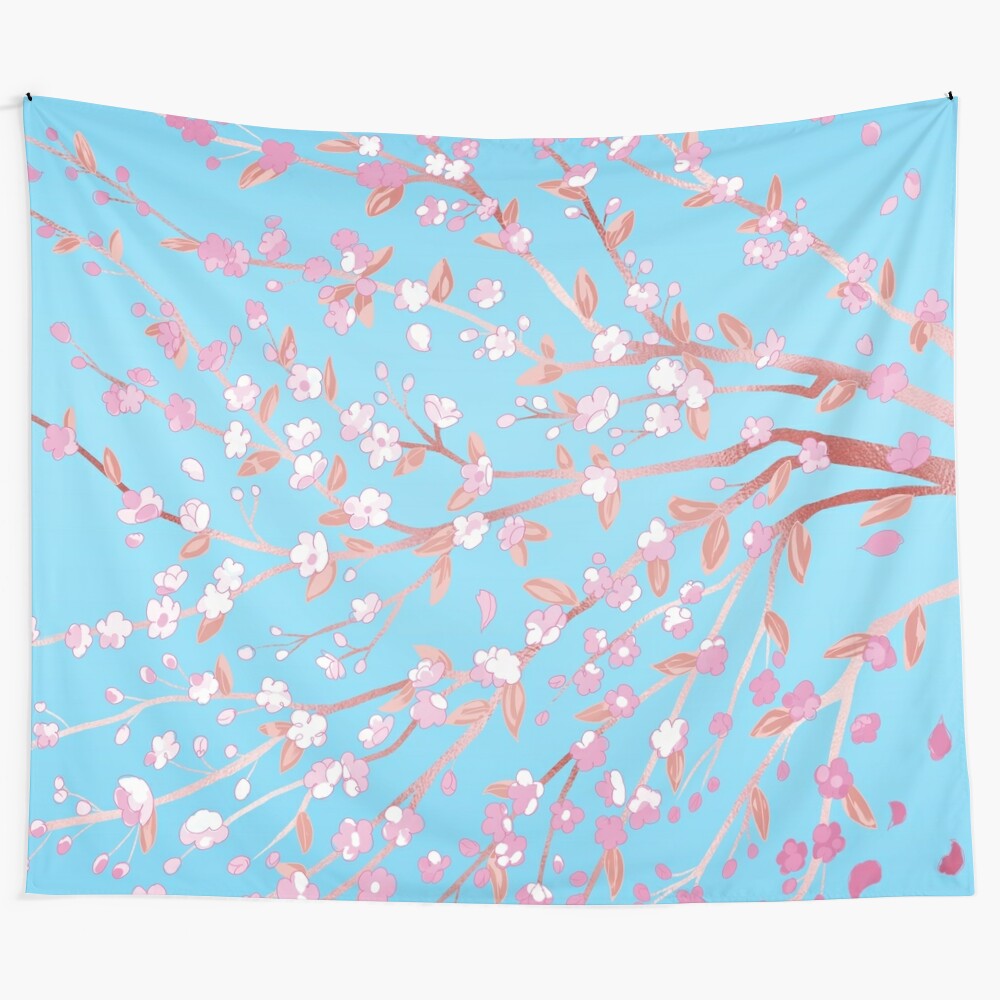 Pastel cherry blossom tapestry with pink and blue sakura branches