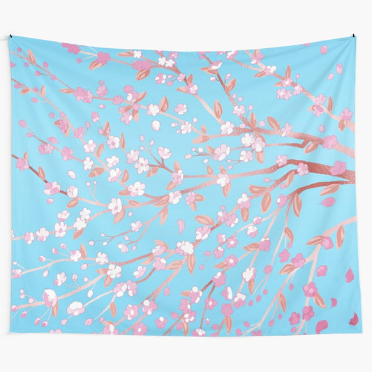 Pastel cherry blossom tapestry with pink and blue sakura branches