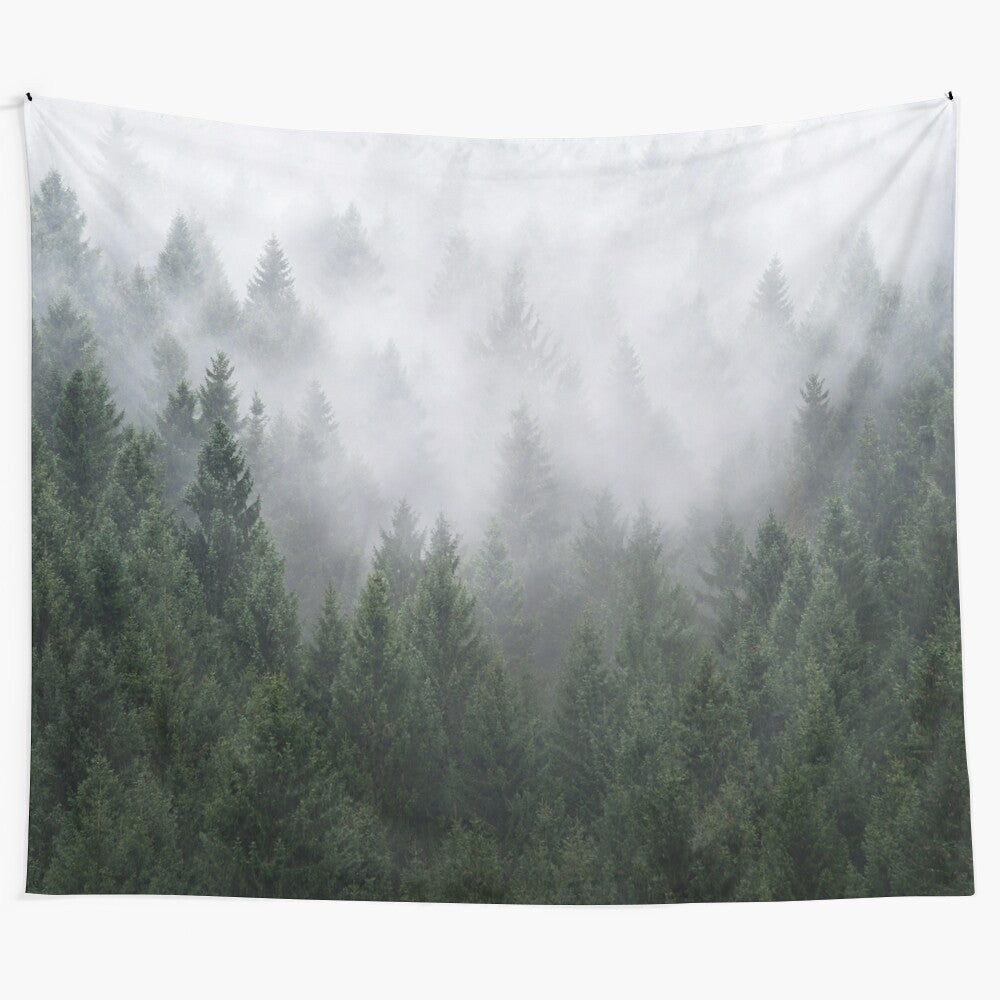 Misty forest tapestry with trees covered in magical fog