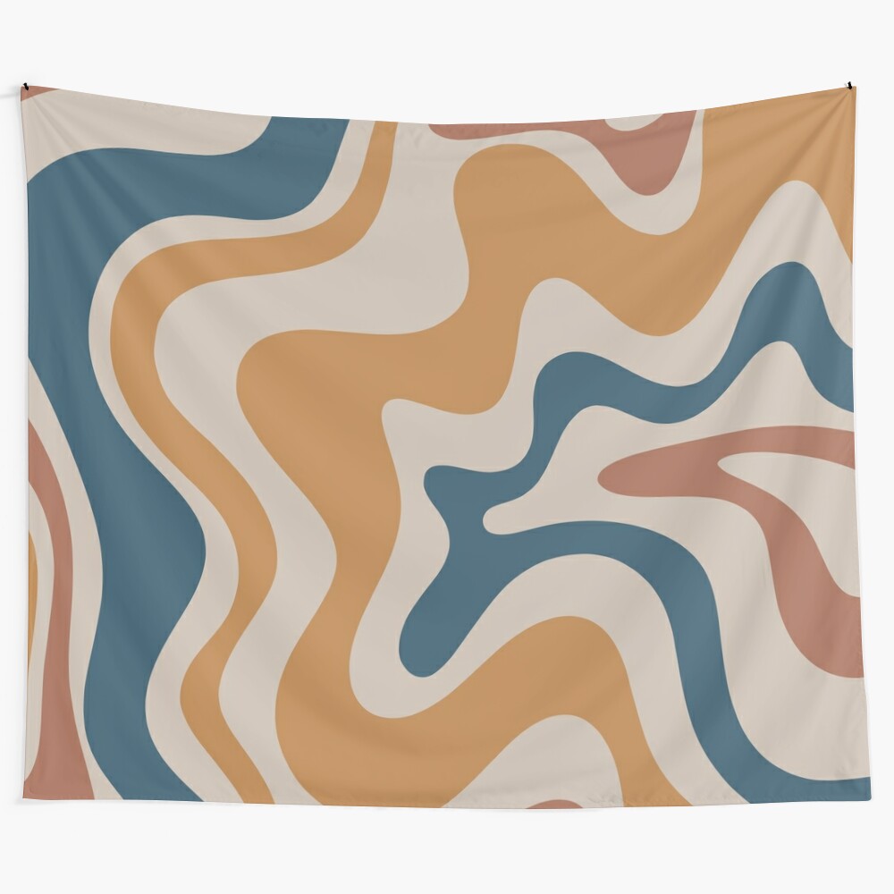 Vibrant abstract tapestry with a mesmerizing swirling pattern in shades of ochre, blue, and taupe