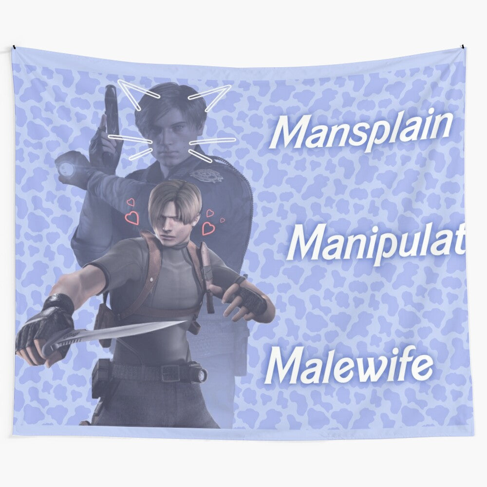 Resident Evil-inspired tapestry featuring Leon Kennedy in a cow-themed design