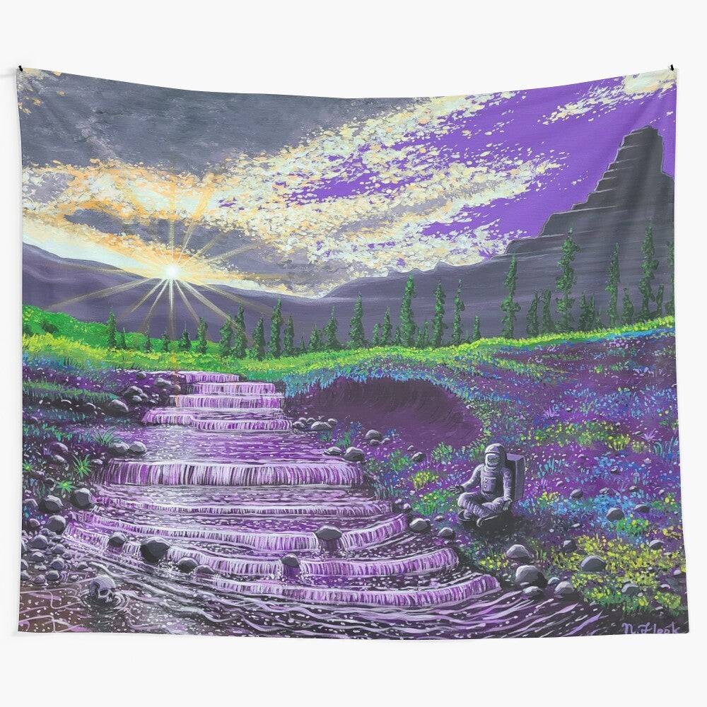 Psychedelic tapestry featuring a surreal, ethereal landscape with a spaceman, waterfall, and celestial elements