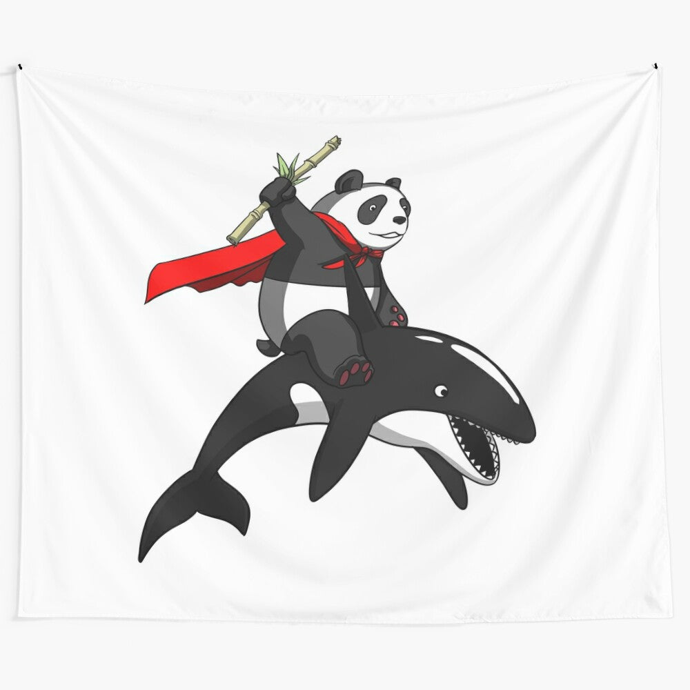 Panda bear riding an orca whale, whimsical animal wall tapestry