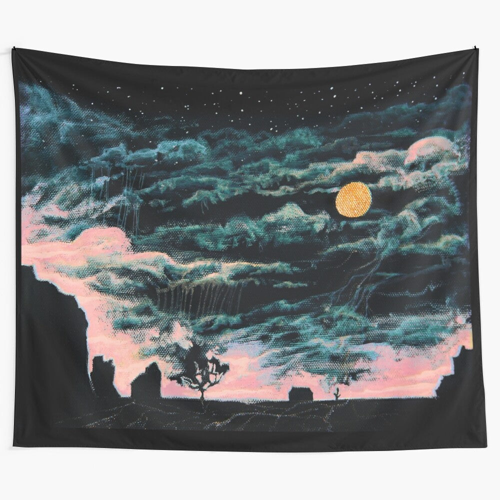 Surreal abstract tapestry featuring a gashadokuro skeleton against a starry night sky