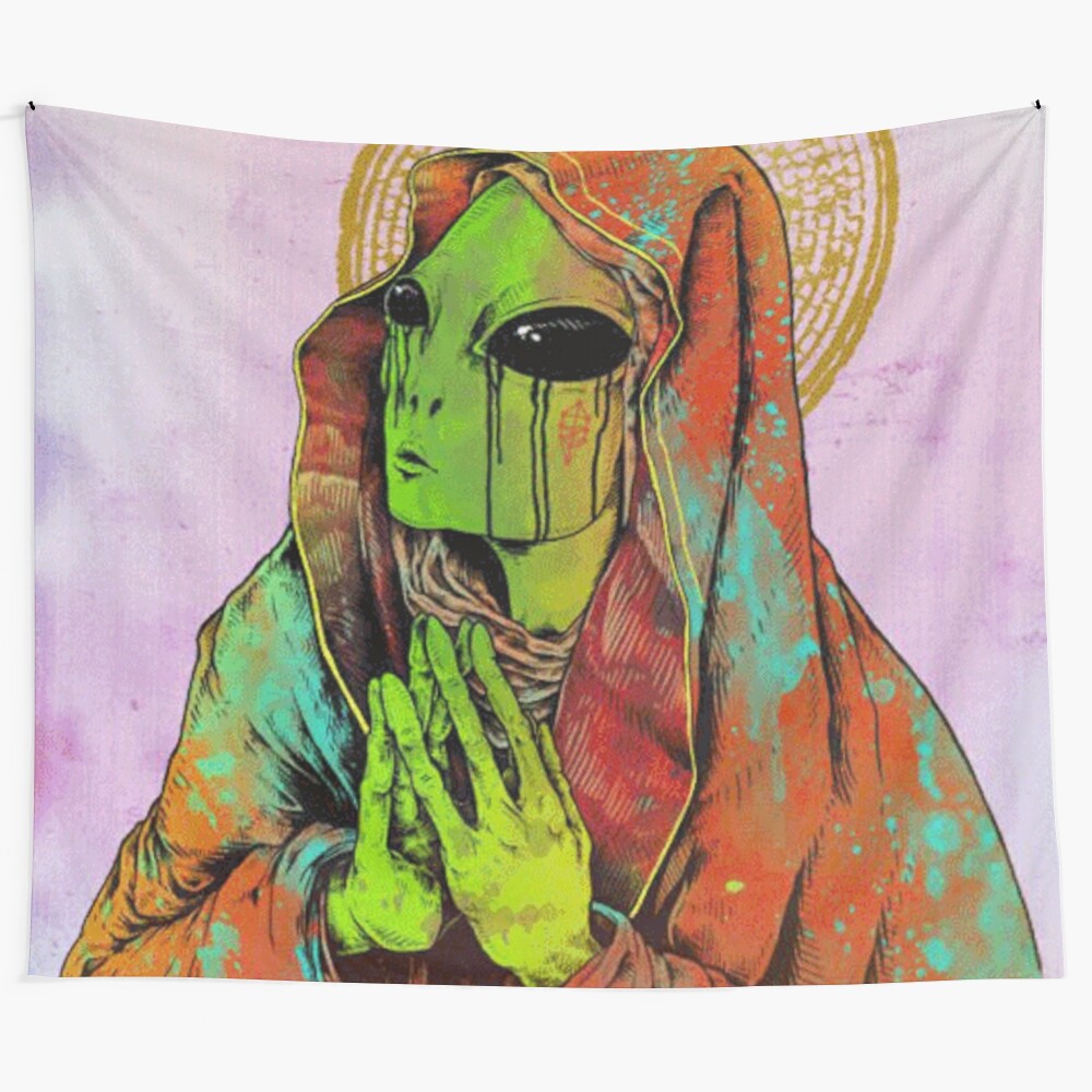 Colorful praying alien tapestry with cosmic, space-themed design