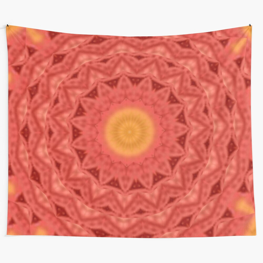 Vibrant red mandala tapestry representing the root chakra, Muladhara