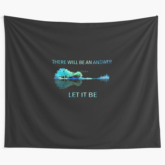 Tapestry with "There Will Be An Answer, Let It Be" lyrics and guitar, sunflower, and hippie design